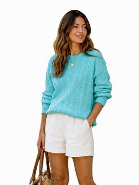 Joie 100% Cashmere Cable Knit Crew Neck Sweater Aqua Pullover Womens M NEW